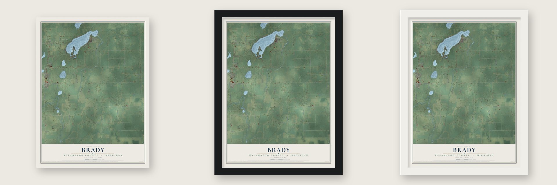 Brady, Kalamazoo County, Michigan map unframed, in a black wood frame and in a white wood frame