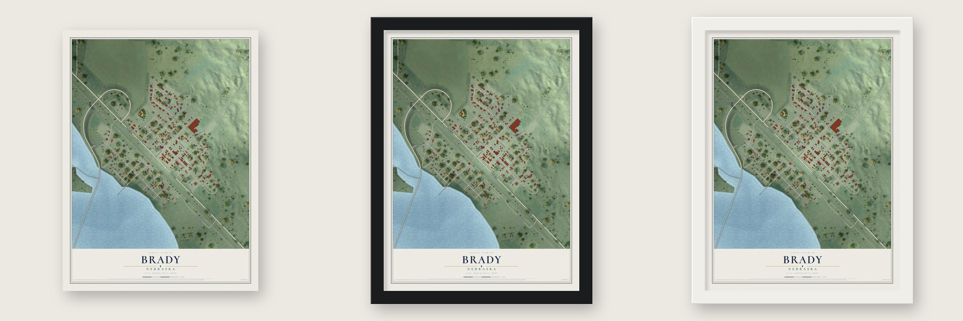 Brady, Nebraska map unframed, in a black wood frame and in a white wood frame