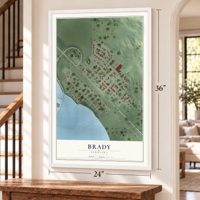 Brady, Nebraska map, 24 x 36 inch print in a white frame by a staircase