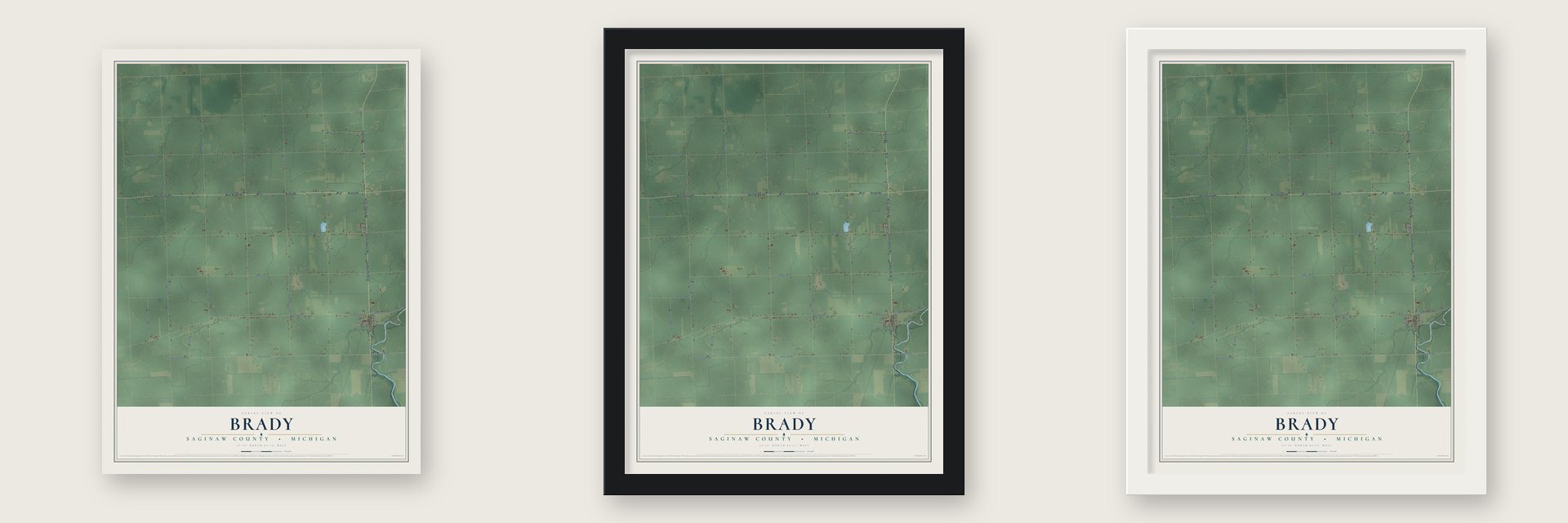 Brady, Saginaw County, Michigan map unframed, in a black wood frame and in a white wood frame