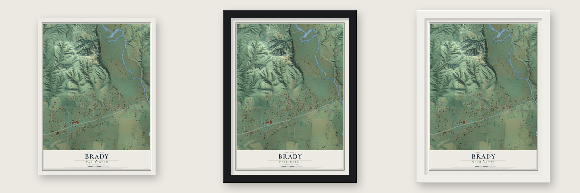 Brady, Washington map unframed, in a black wood frame and in a white wood frame