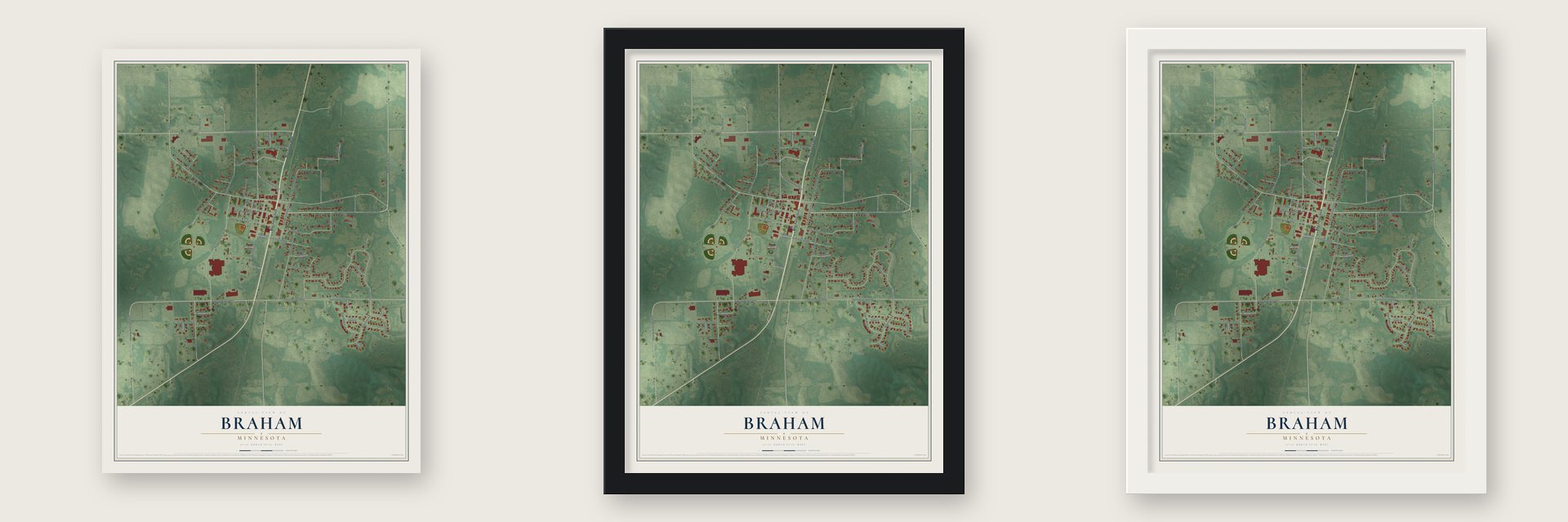 Braham, Minnesota map unframed, in a black wood frame and in a white wood frame