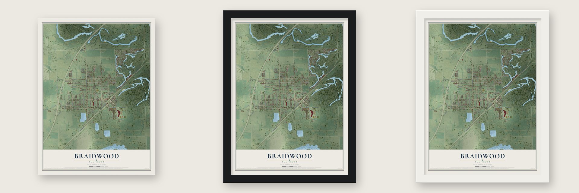 Braidwood, Illinois map unframed, in a black wood frame and in a white wood frame