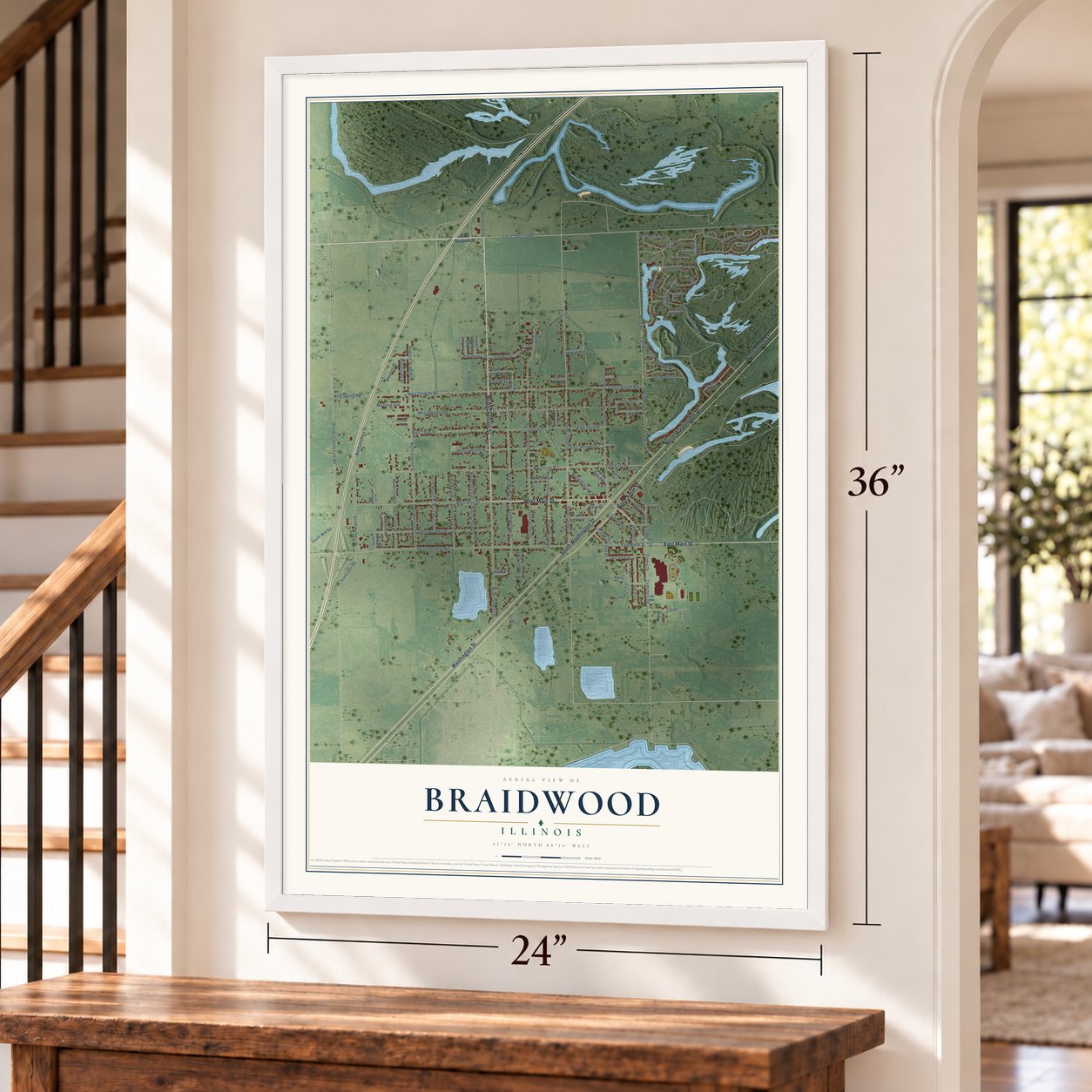 Braidwood, Illinois map, 24 x 36 inch print in a white frame by a staircase