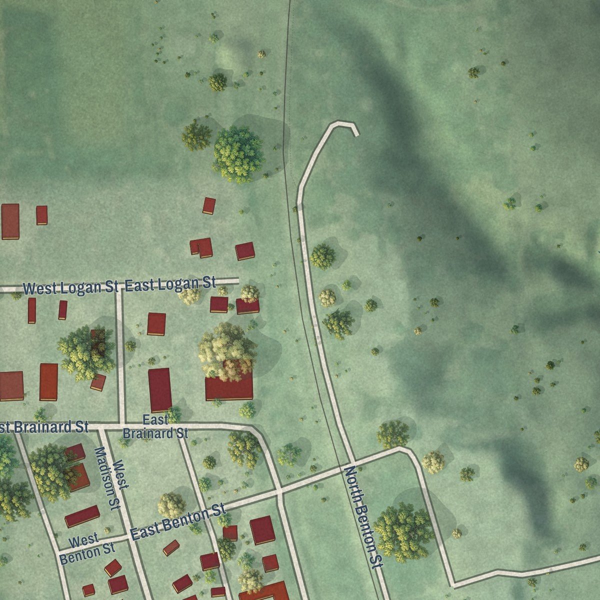 Second close-up of the map of Brainard, Nebraska print showing more streets and buildings