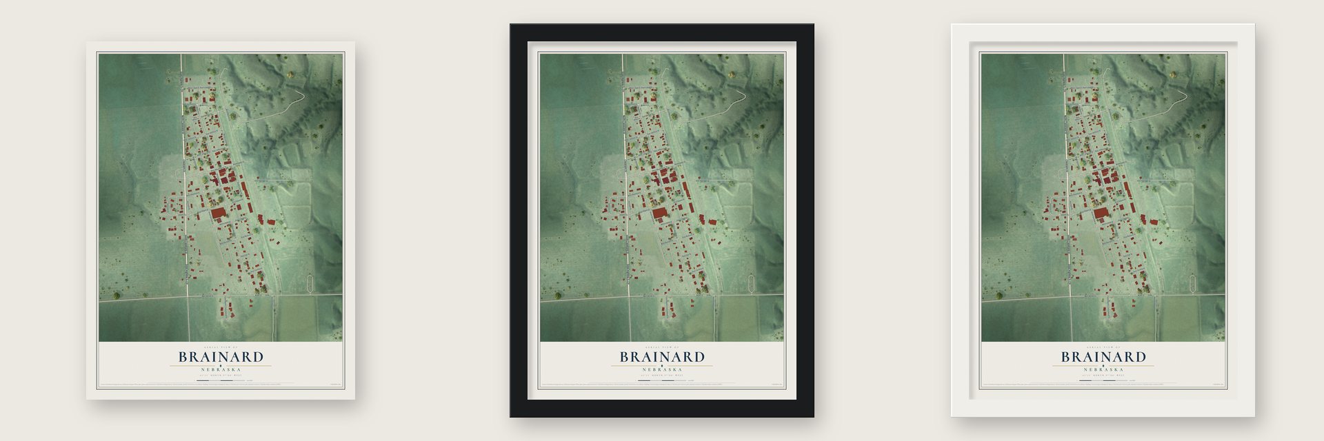 Brainard, Nebraska map unframed, in a black wood frame and in a white wood frame