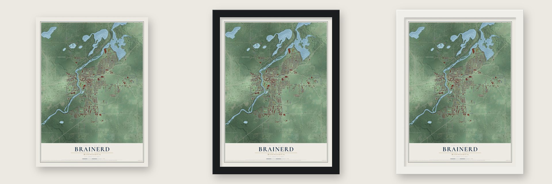 Brainerd, Minnesota map unframed, in a black wood frame and in a white wood frame