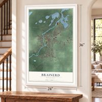 Brainerd, Minnesota map, 24 x 36 inch print in a white frame by a staircase