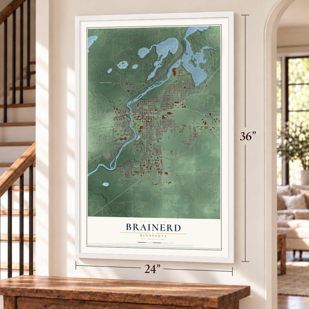 Brainerd, Minnesota map, 24 x 36 inch print in a white frame by a staircase