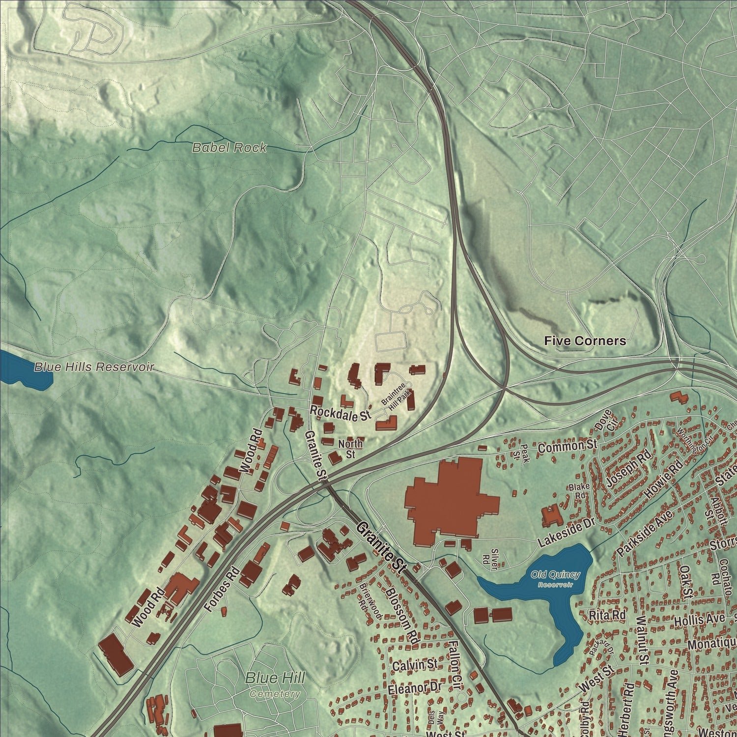 Close-up of the map of Braintree, Massachusetts print showing terrain and local geography