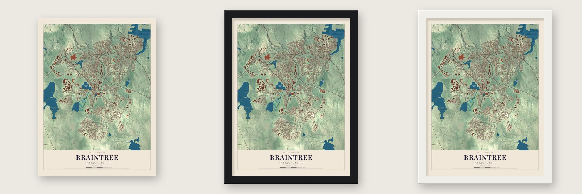 Braintree, Massachusetts map unframed, in a black wood frame and in a white wood frame