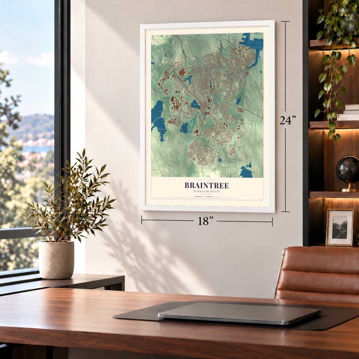 Braintree, Massachusetts map, 18 x 24 inch print in a white frame in a home office