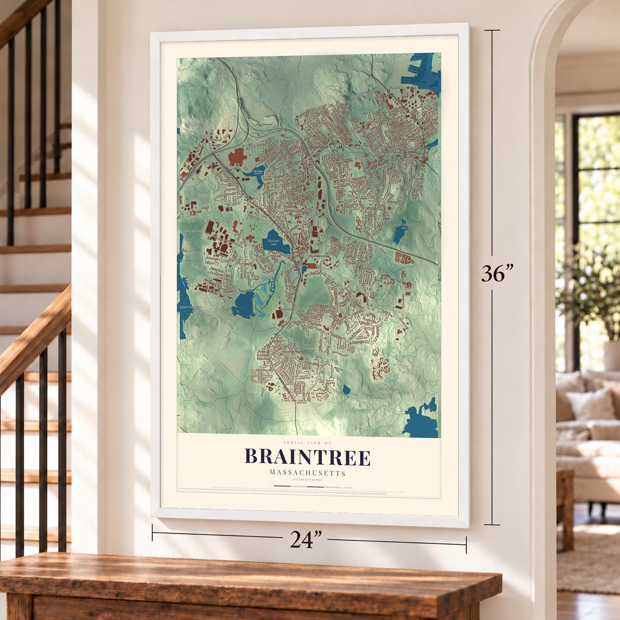 Braintree, Massachusetts map, 24 x 36 inch print in a white frame by a staircase