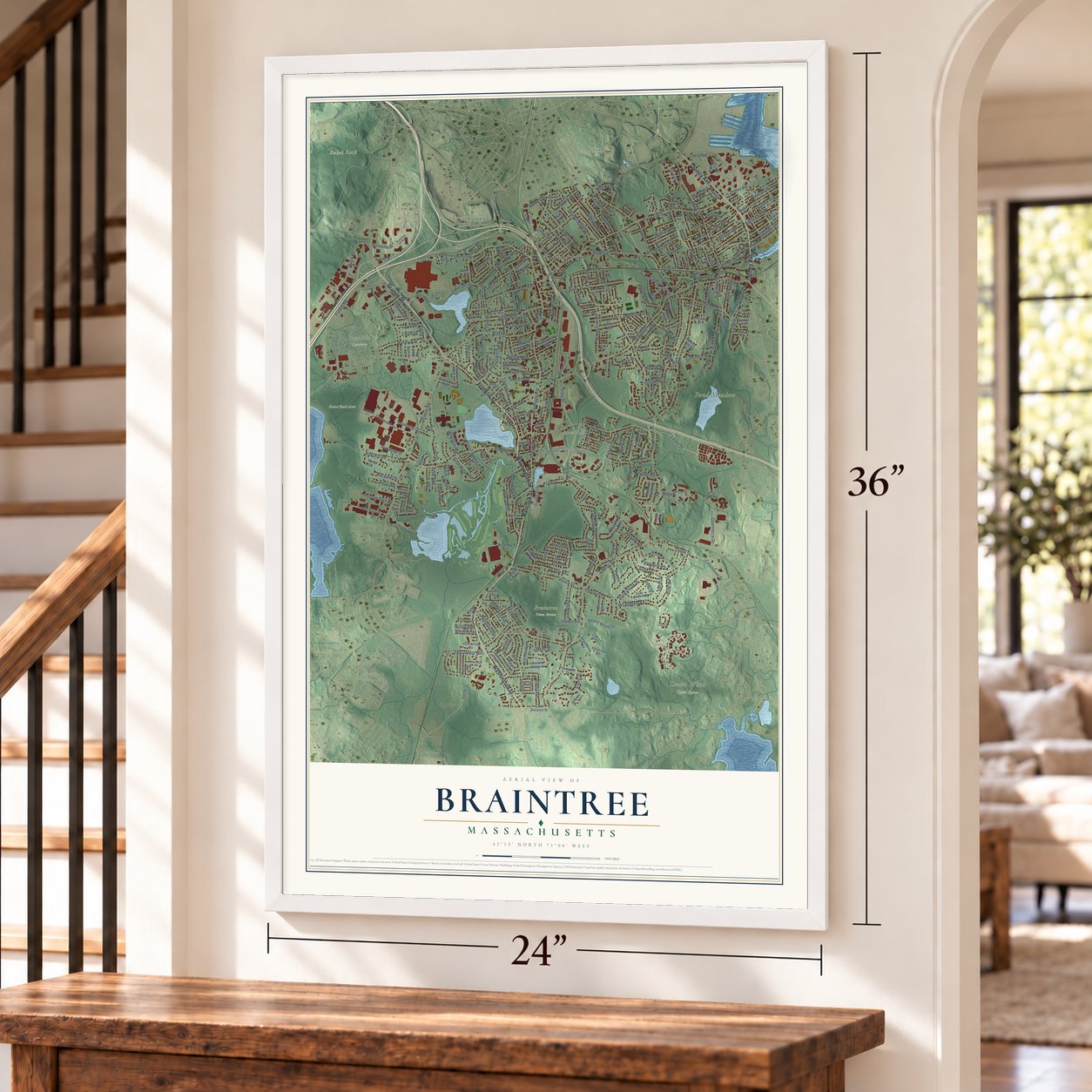 Braintree, Massachusetts map, 24 x 36 inch print in a white frame by a staircase