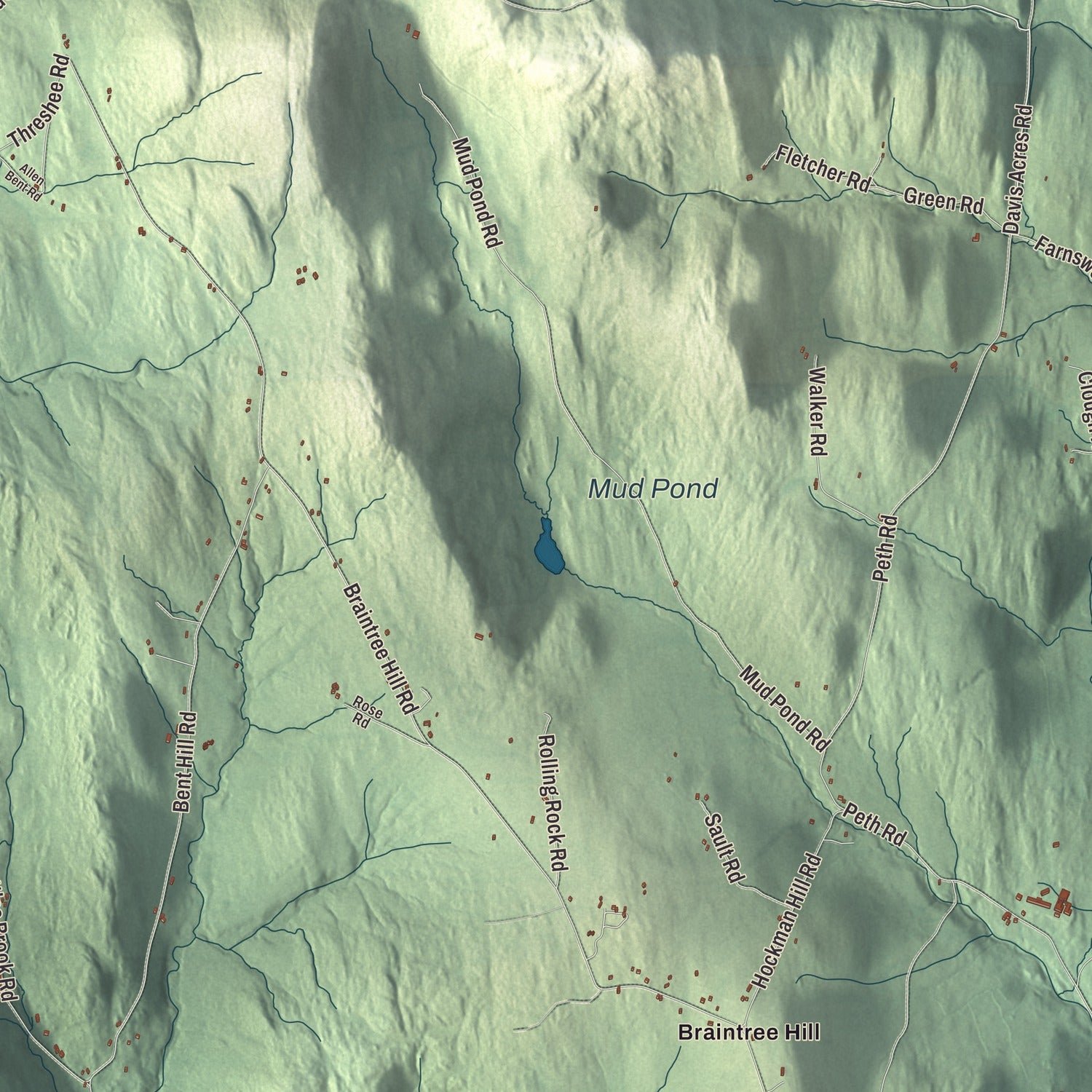 Close-up of the map of Braintree, Vermont print showing terrain and local geography