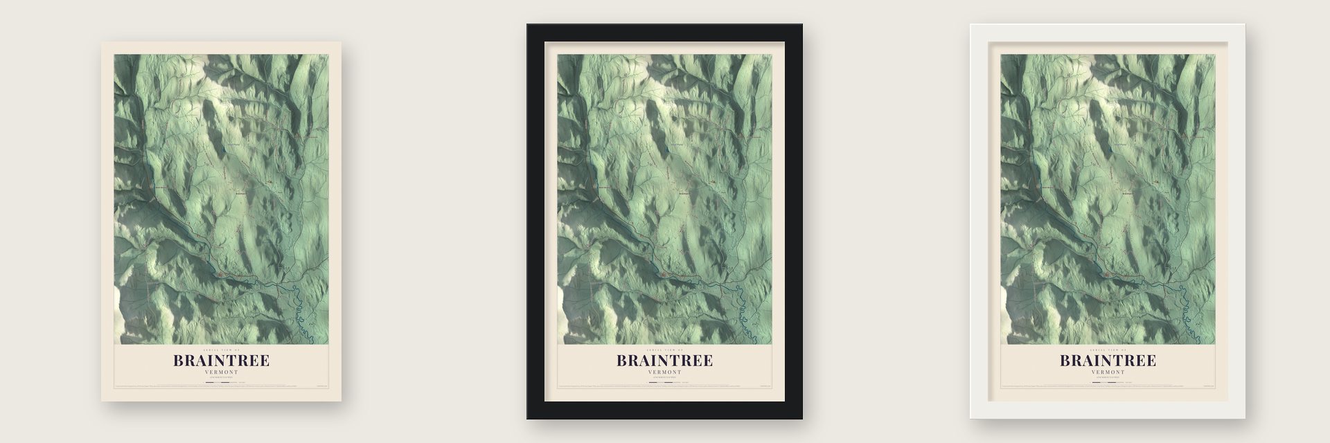 Braintree, Vermont map unframed, in a black wood frame and in a white wood frame