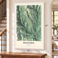 Braintree, Vermont map, 24 x 36 inch print in a white frame by a staircase