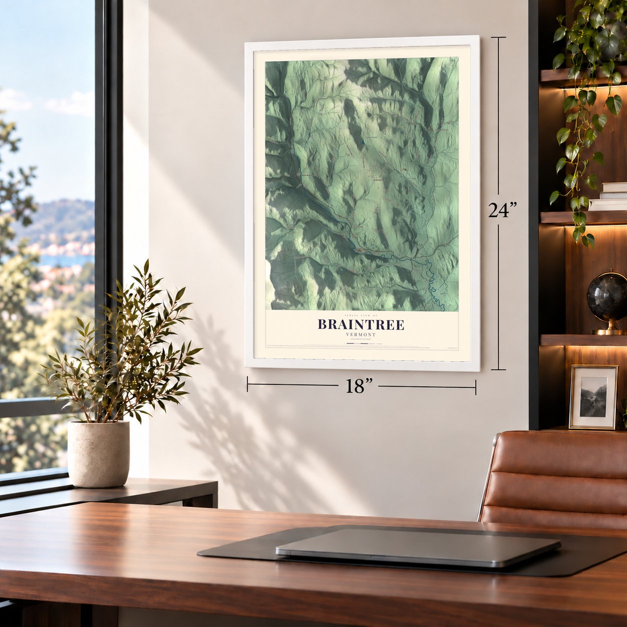 Braintree, Vermont map, 18 x 24 inch print in a white frame in a home office