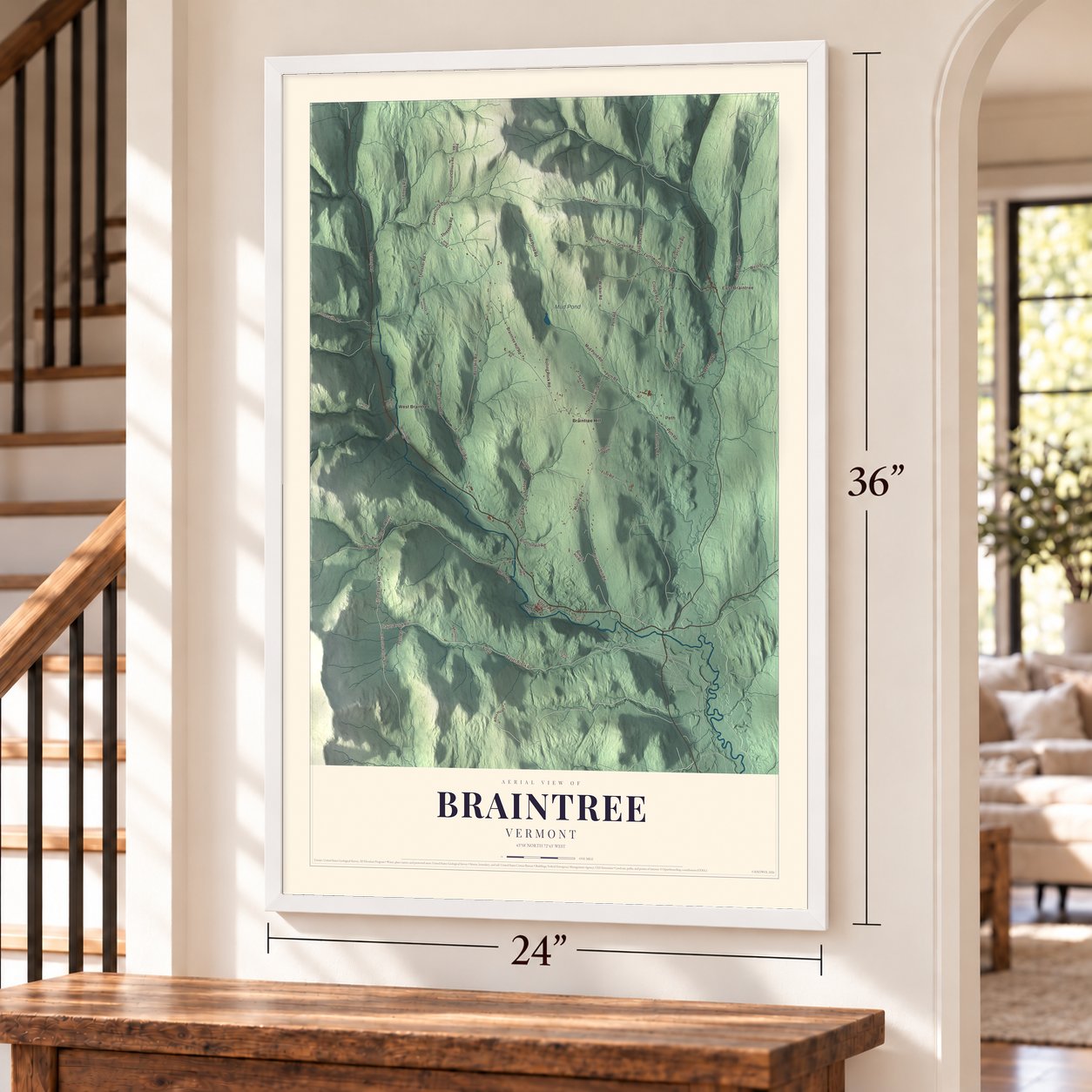 Braintree, Vermont map, 24 x 36 inch print in a white frame by a staircase