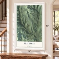 Braintree, Vermont map, 24 x 36 inch print in a white frame by a staircase