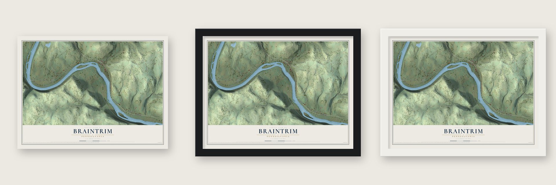 Braintrim, Pennsylvania map unframed, in a black wood frame and in a white wood frame