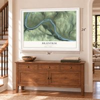 Braintrim, Pennsylvania map, 24 x 36 inch print in a white frame above a dresser by a staircase