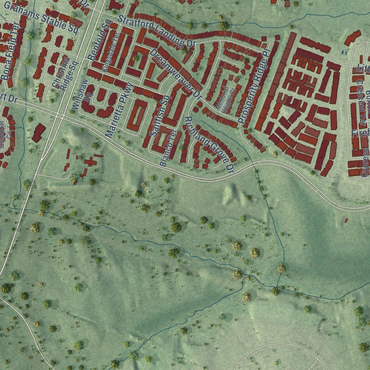 Second close-up of the map of Brambleton, Virginia print showing more streets and buildings