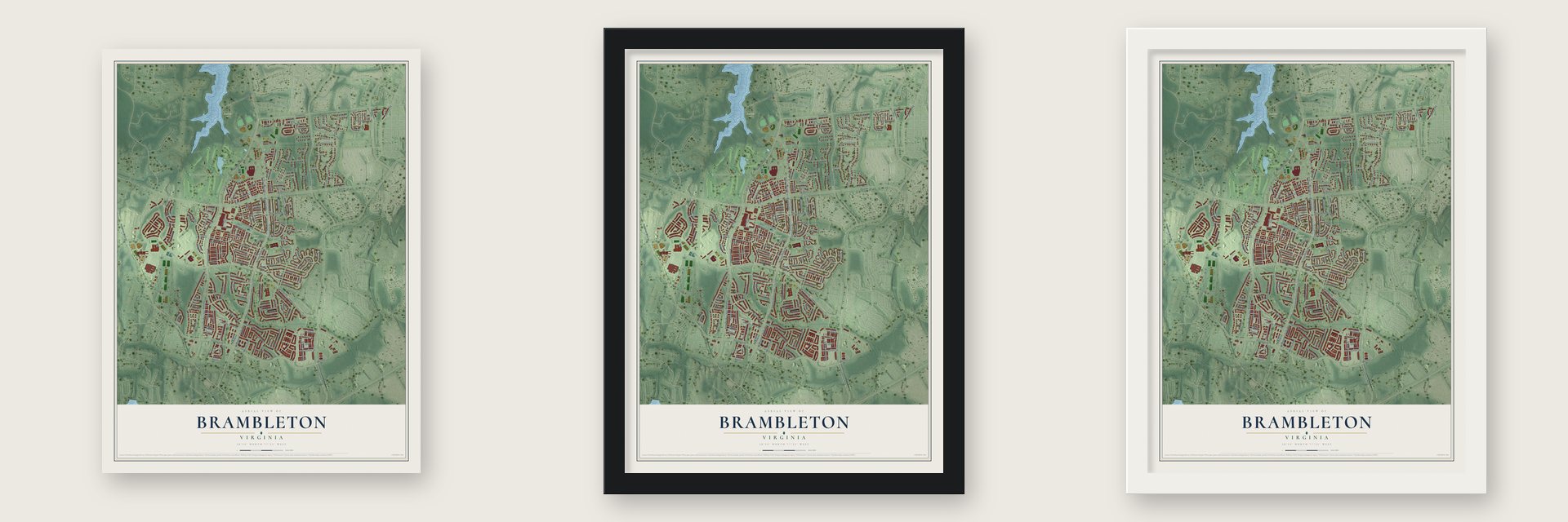 Brambleton, Virginia map unframed, in a black wood frame and in a white wood frame