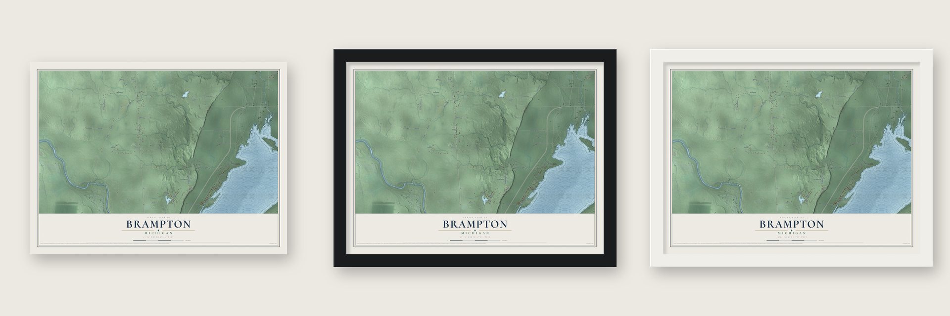 Brampton, Michigan map unframed, in a black wood frame and in a white wood frame