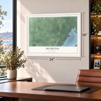 Brampton, Michigan map, 18 x 24 inch print in a white frame in a home office