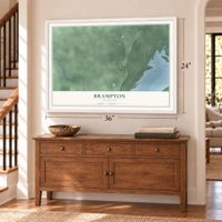 Brampton, Michigan map, 24 x 36 inch print in a white frame above a dresser by a staircase