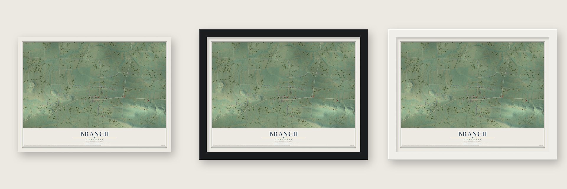 Branch, Arkansas map unframed, in a black wood frame and in a white wood frame