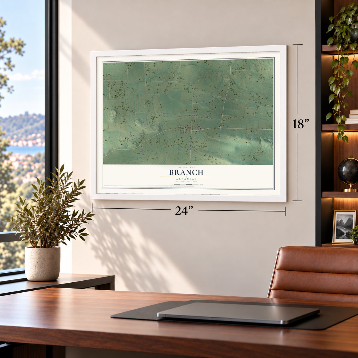 Branch, Arkansas map, 18 x 24 inch print in a white frame in a home office