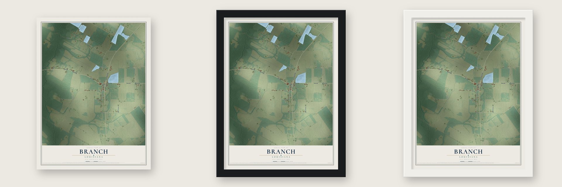 Branch, Louisiana map unframed, in a black wood frame and in a white wood frame