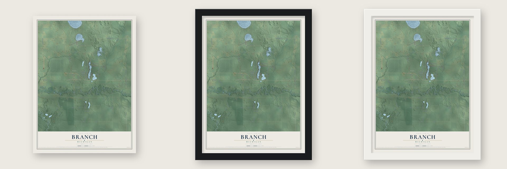 Branch, Michigan map unframed, in a black wood frame and in a white wood frame