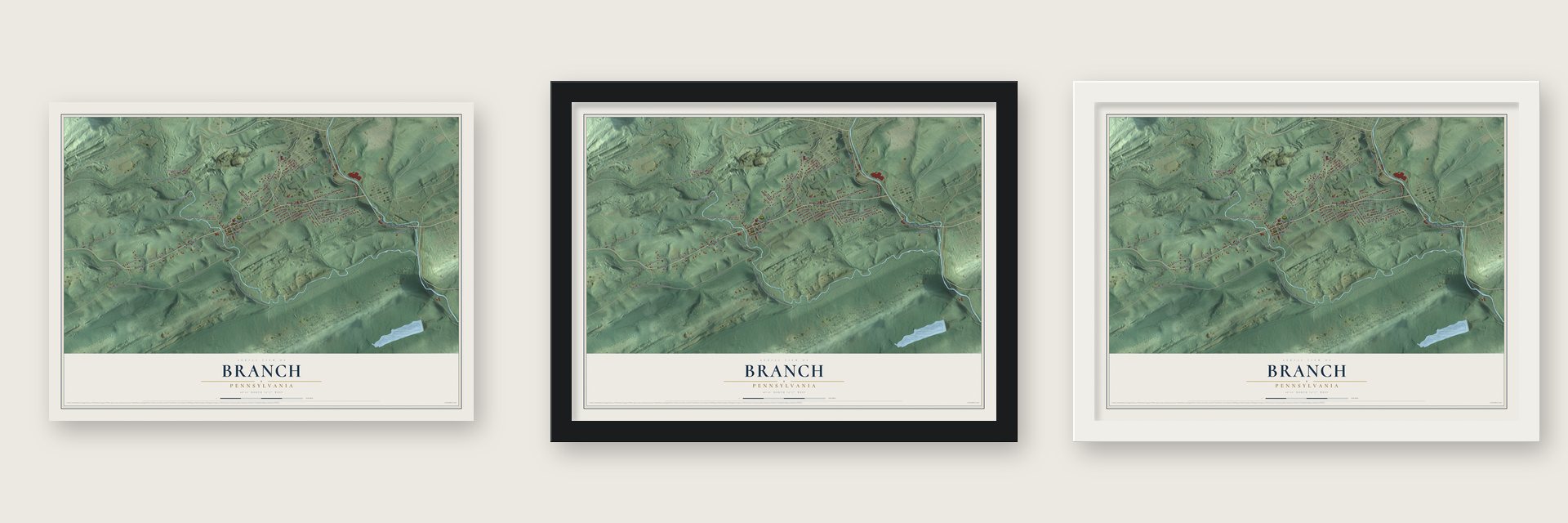Branch, Pennsylvania map unframed, in a black wood frame and in a white wood frame