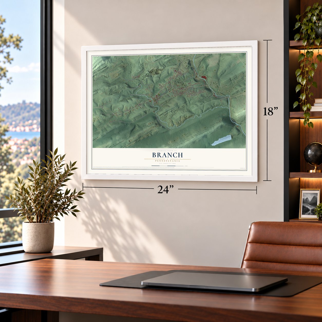 Branch, Pennsylvania map, 18 x 24 inch print in a white frame in a home office