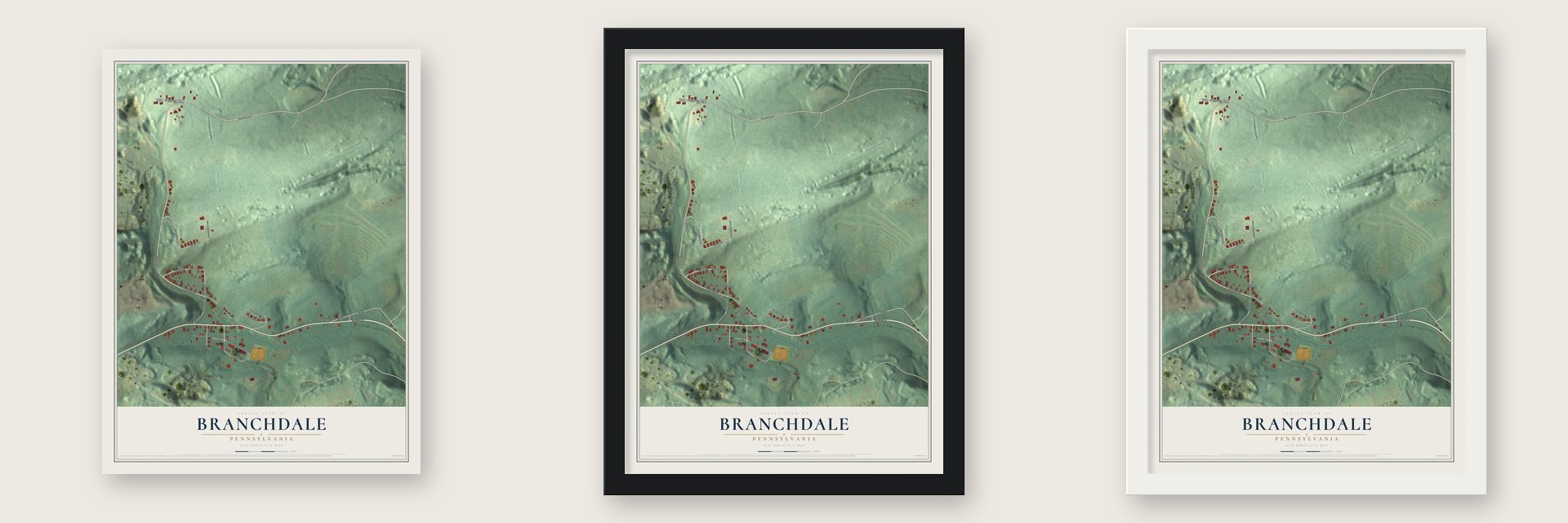 Branchdale, Pennsylvania map unframed, in a black wood frame and in a white wood frame