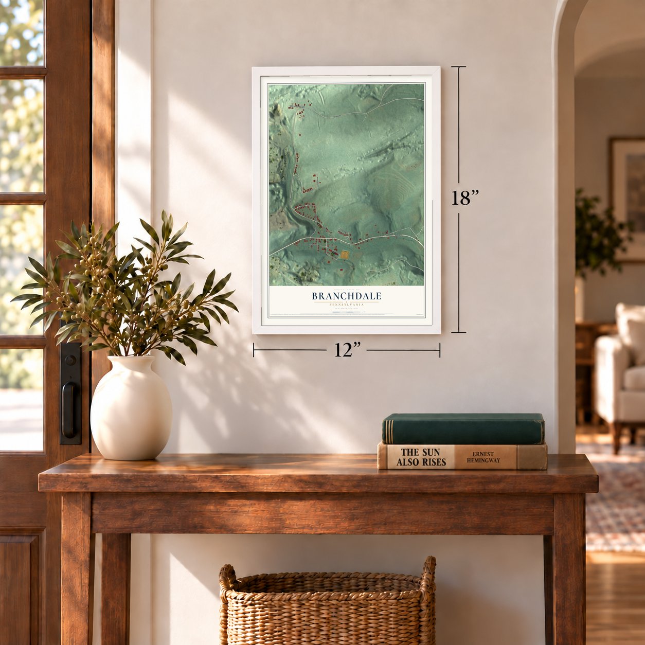 Branchdale, Pennsylvania map, 12 x 18 inch print in a white frame in an entryway