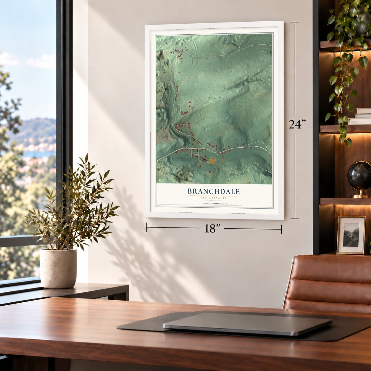 Branchdale, Pennsylvania map, 18 x 24 inch print in a white frame in a home office