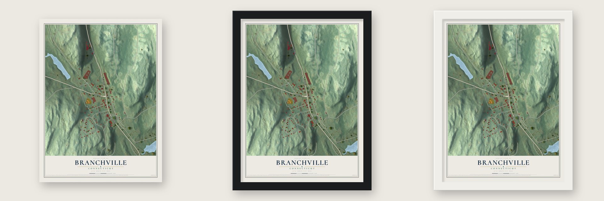Branchville, Connecticut map unframed, in a black wood frame and in a white wood frame