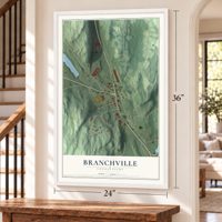 Branchville, Connecticut map, 24 x 36 inch print in a white frame by a staircase