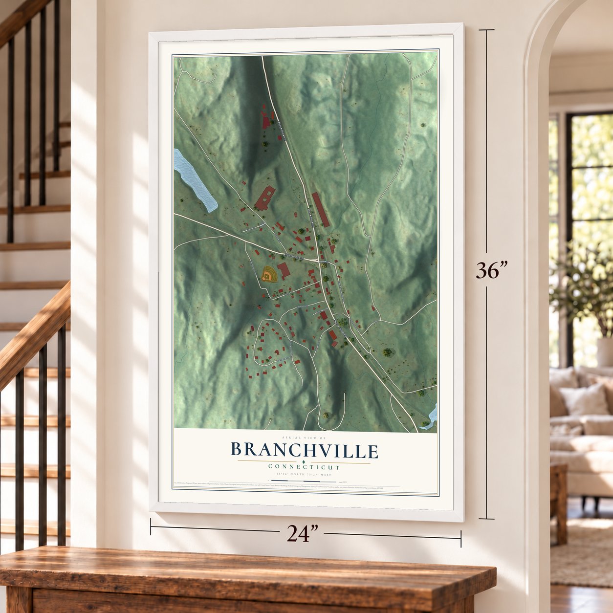 Branchville, Connecticut map, 24 x 36 inch print in a white frame by a staircase