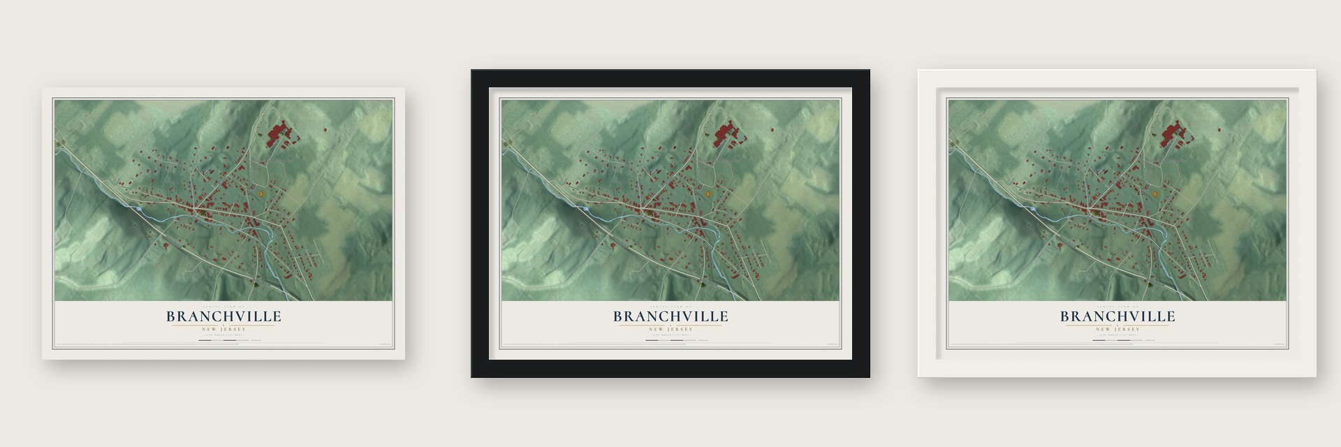 Branchville, New Jersey map unframed, in a black wood frame and in a white wood frame