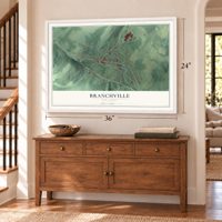 Branchville, New Jersey map, 24 x 36 inch print in a white frame above a dresser by a staircase