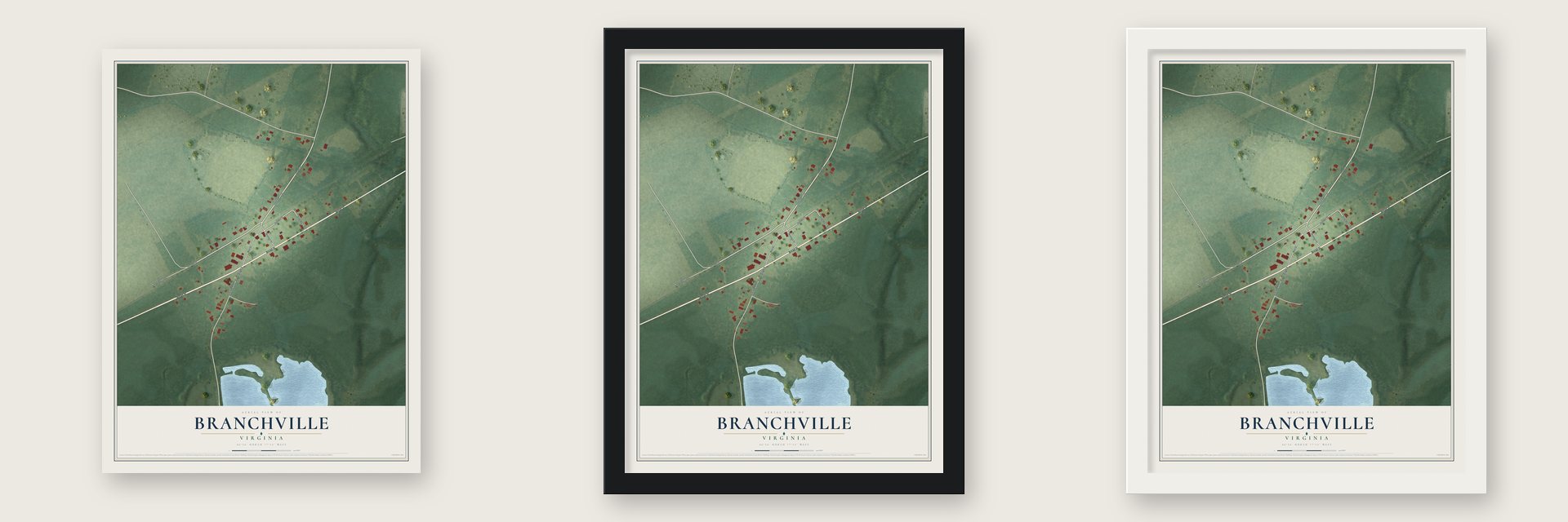 Branchville, Virginia map unframed, in a black wood frame and in a white wood frame