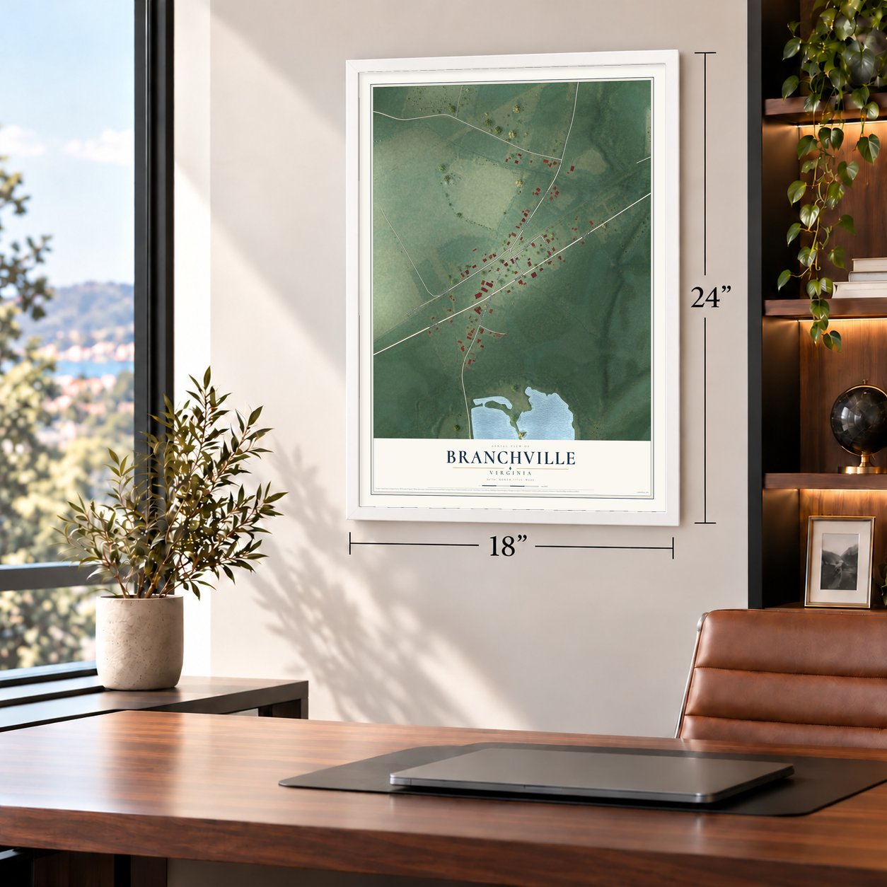 Branchville, Virginia map, 18 x 24 inch print in a white frame in a home office