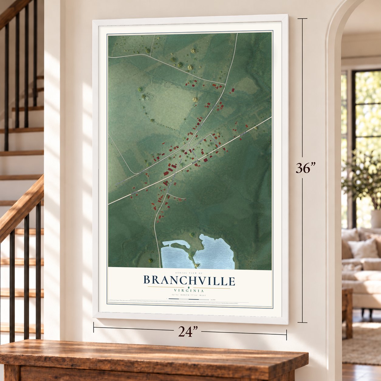 Branchville, Virginia map, 24 x 36 inch print in a white frame by a staircase