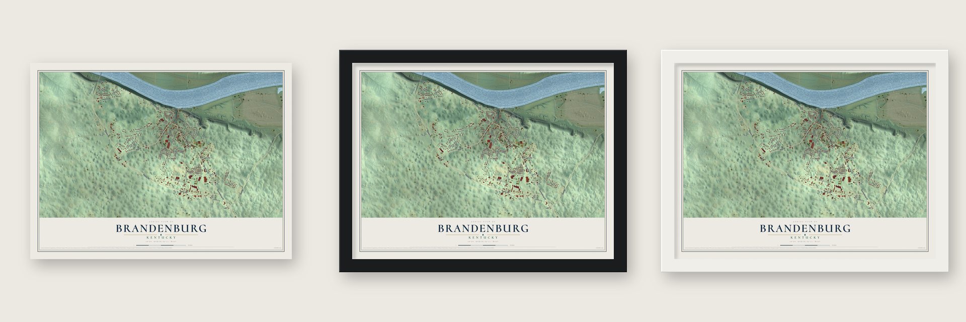 Brandenburg, Kentucky map unframed, in a black wood frame and in a white wood frame