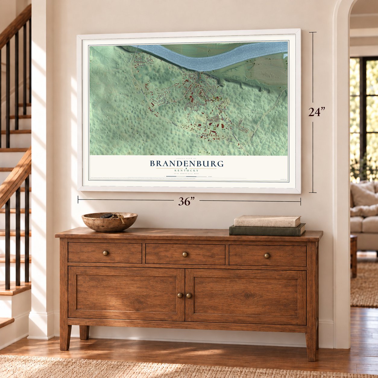 Brandenburg, Kentucky map, 24 x 36 inch print in a white frame above a dresser by a staircase